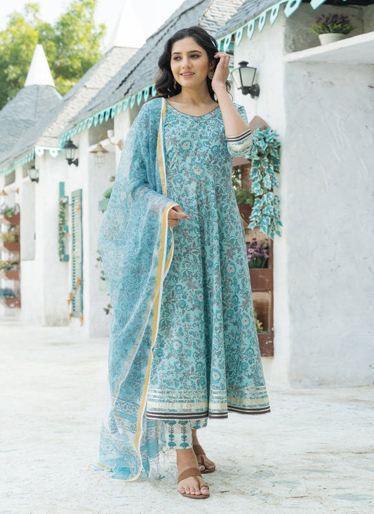 Pant Style Suit Cotton Aqua Blue Lace Salwar Kameez