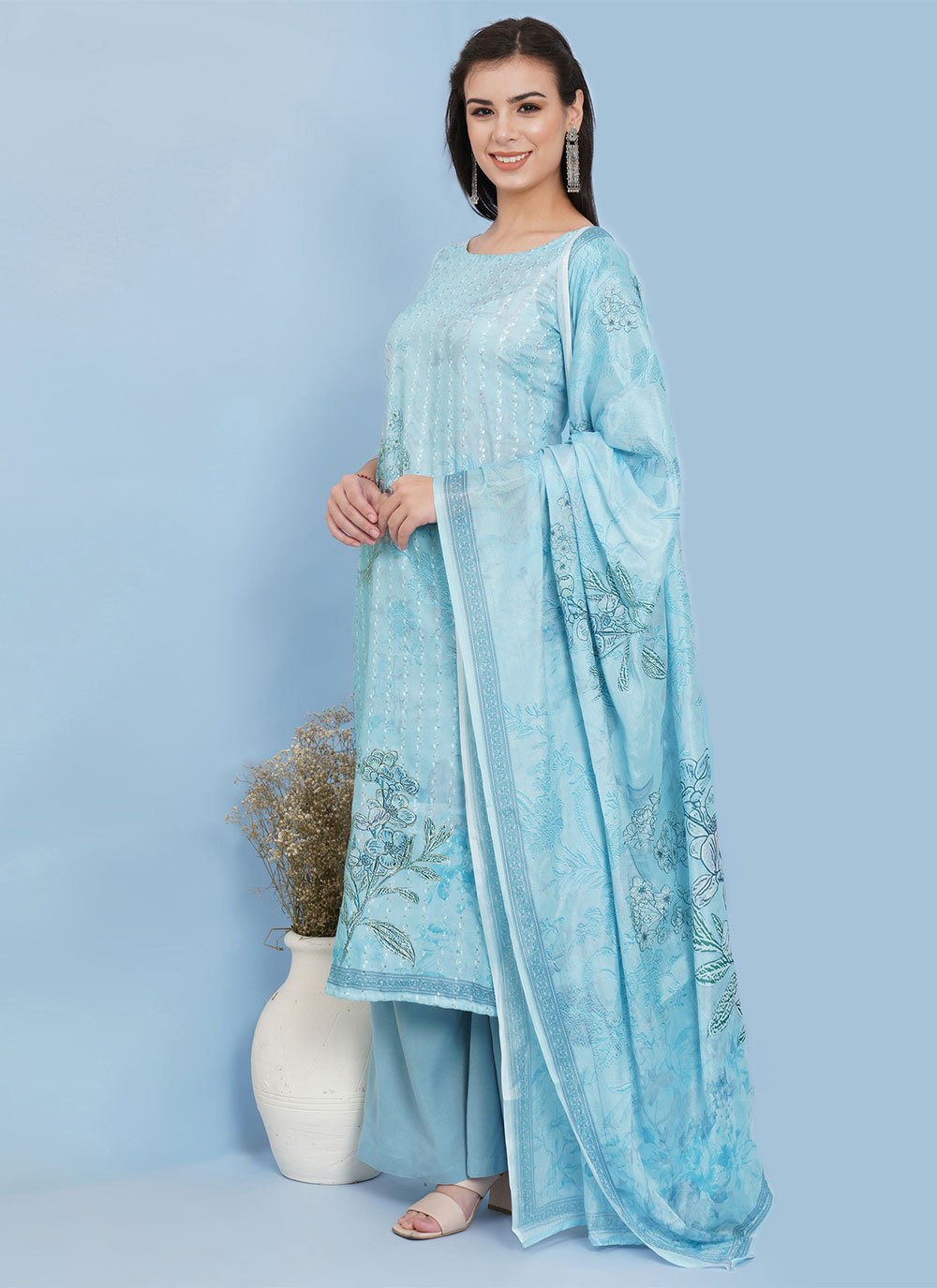 Palazzo Salwar Suit Cotton Aqua Blue Digital Print Salwar Kameez