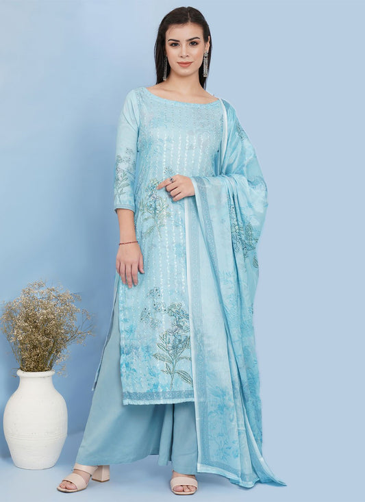 Palazzo Salwar Suit Cotton Aqua Blue Digital Print Salwar Kameez