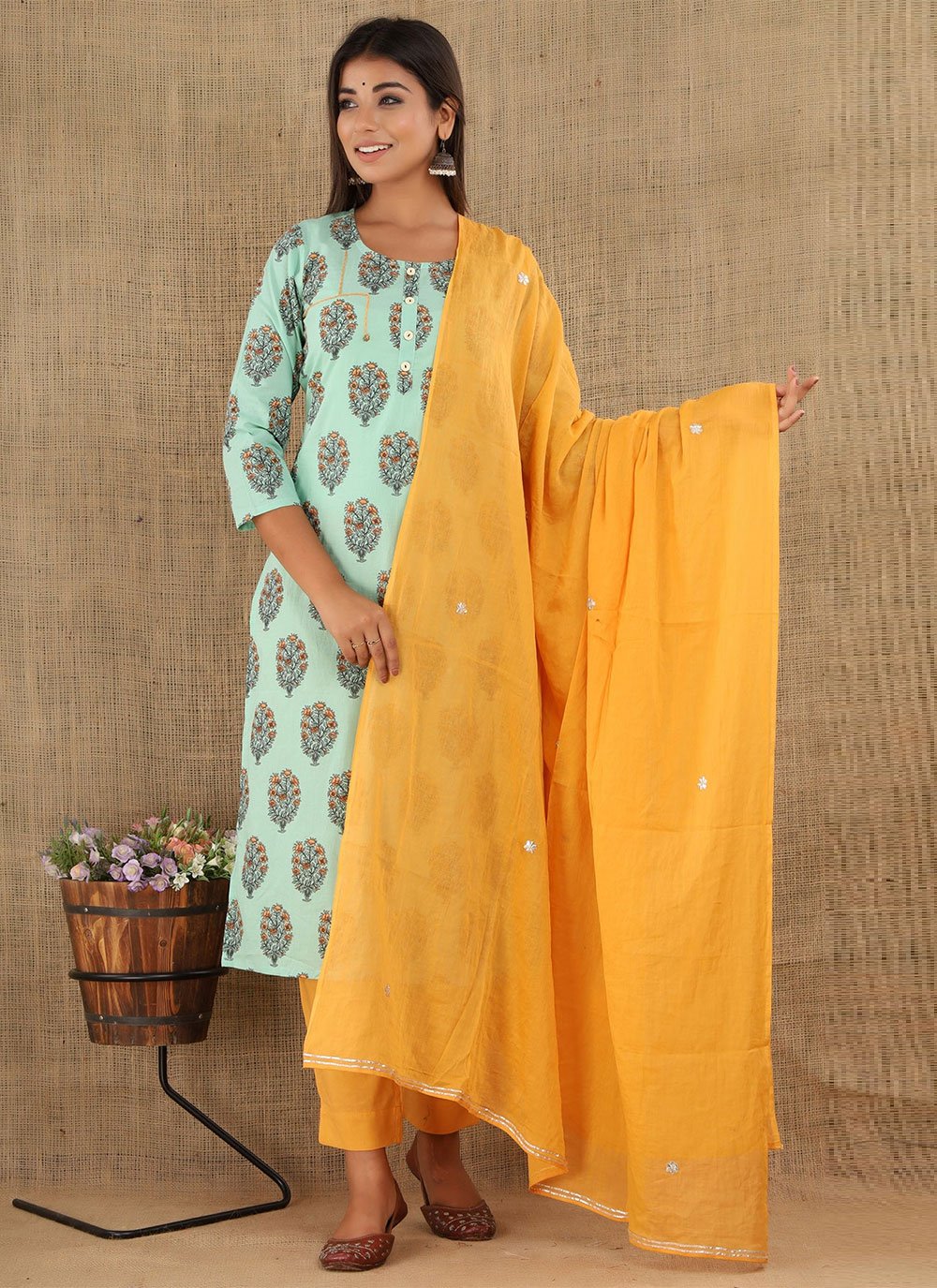 Salwar Suit Cotton Aqua Blue Buttons Salwar Kameez