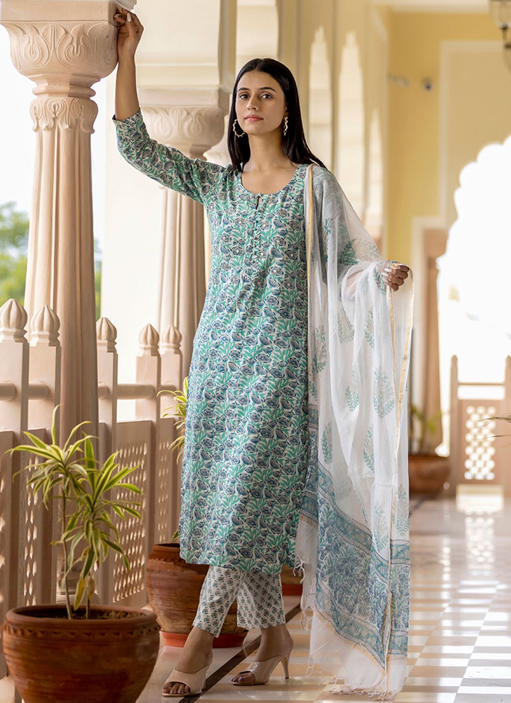 Salwar Suit Cotton Aqua Blue Embroidered Salwar Kameez