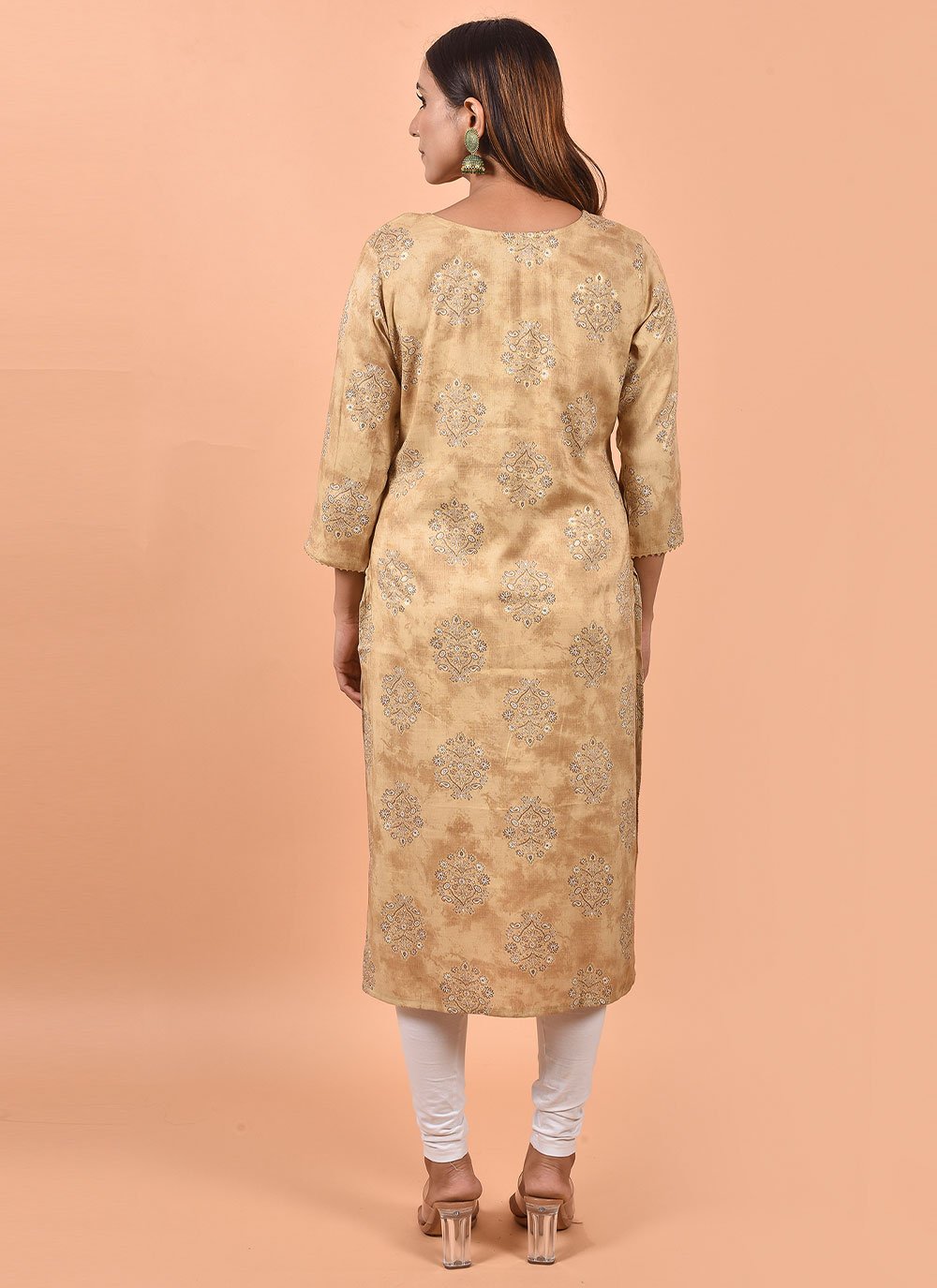 Party Wear Kurti Cotton Beige Embroidered Kurtis