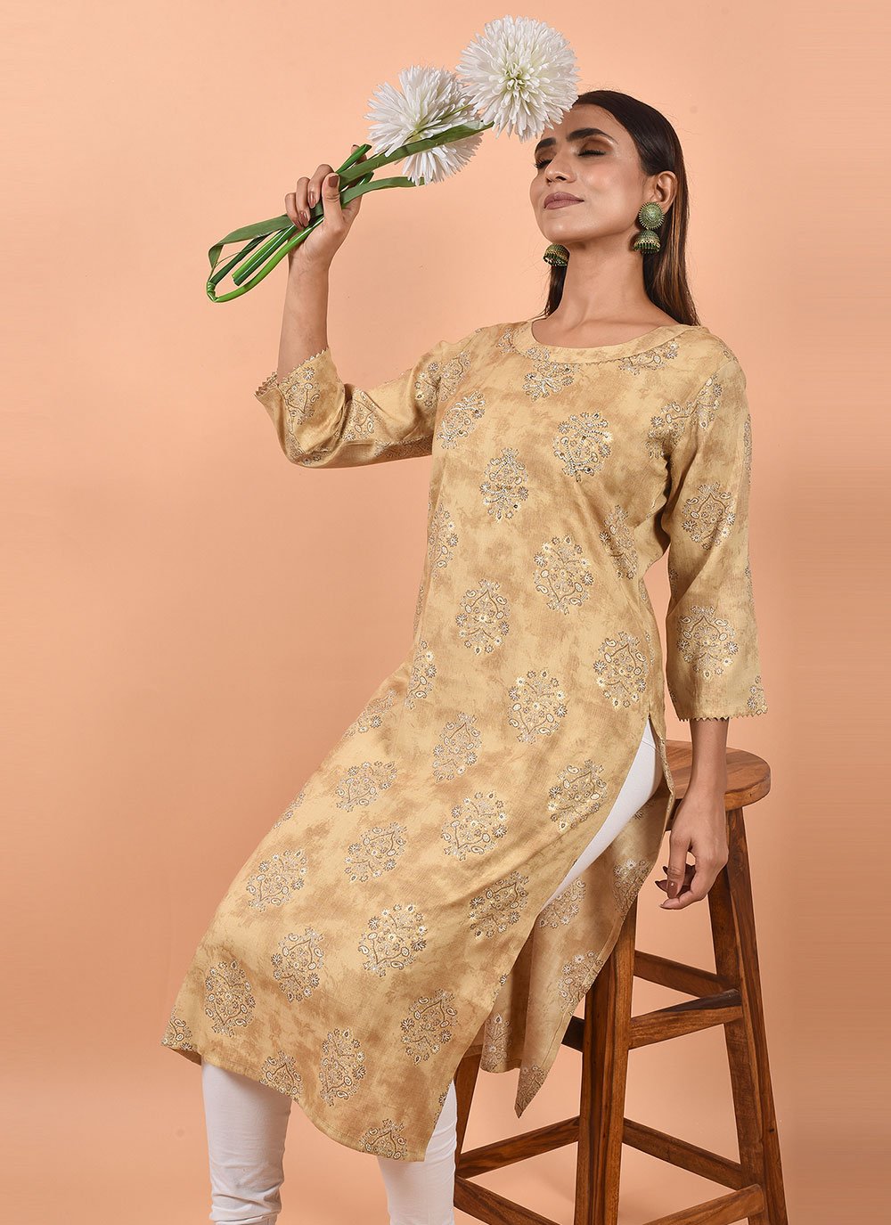 Party Wear Kurti Cotton Beige Embroidered Kurtis