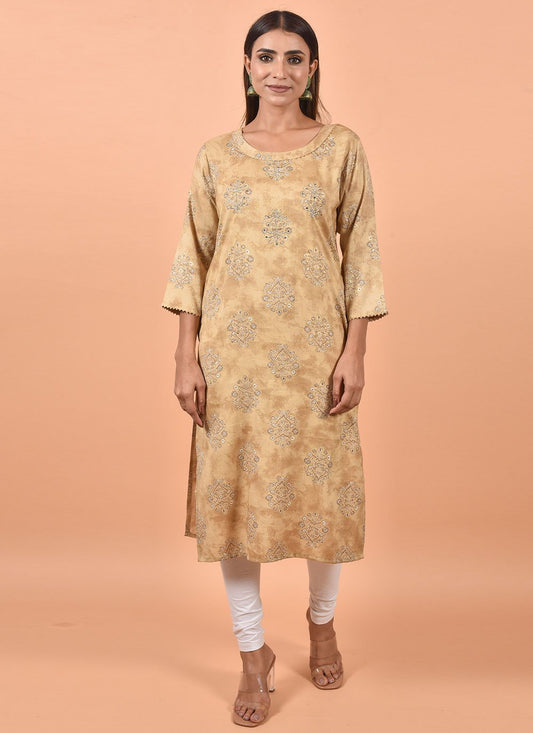 Party Wear Kurti Cotton Beige Embroidered Kurtis