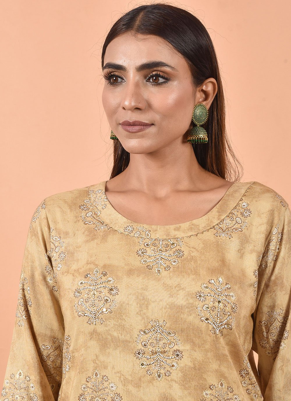 Party Wear Kurti Cotton Beige Embroidered Kurtis