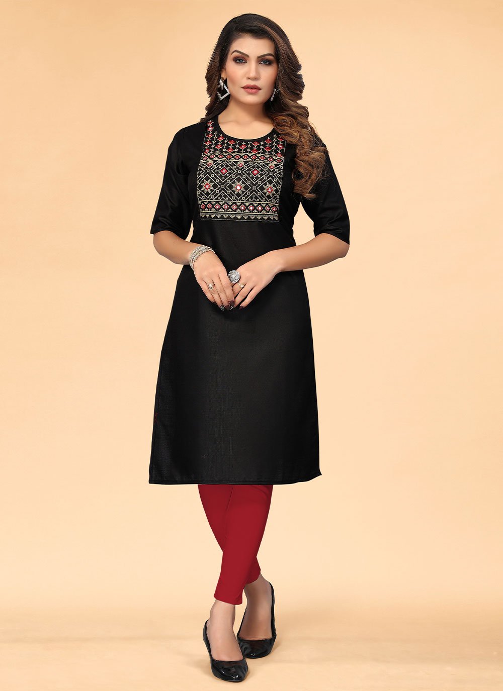 Designer Kurti Cotton Black Embroidered Kurtis