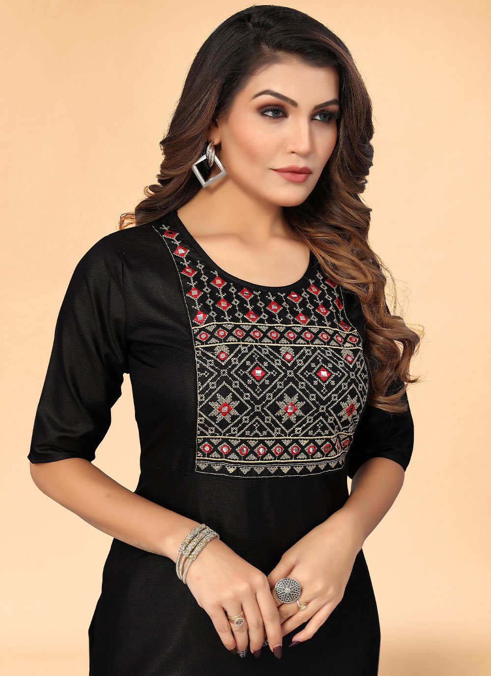 Designer Kurti Cotton Black Embroidered Kurtis