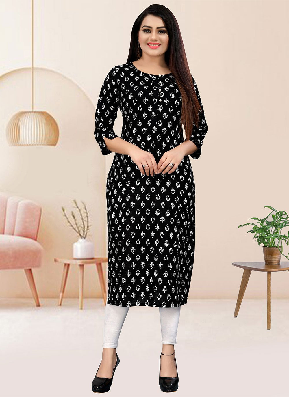 Casual Kurti Cotton Black Print Kurtis