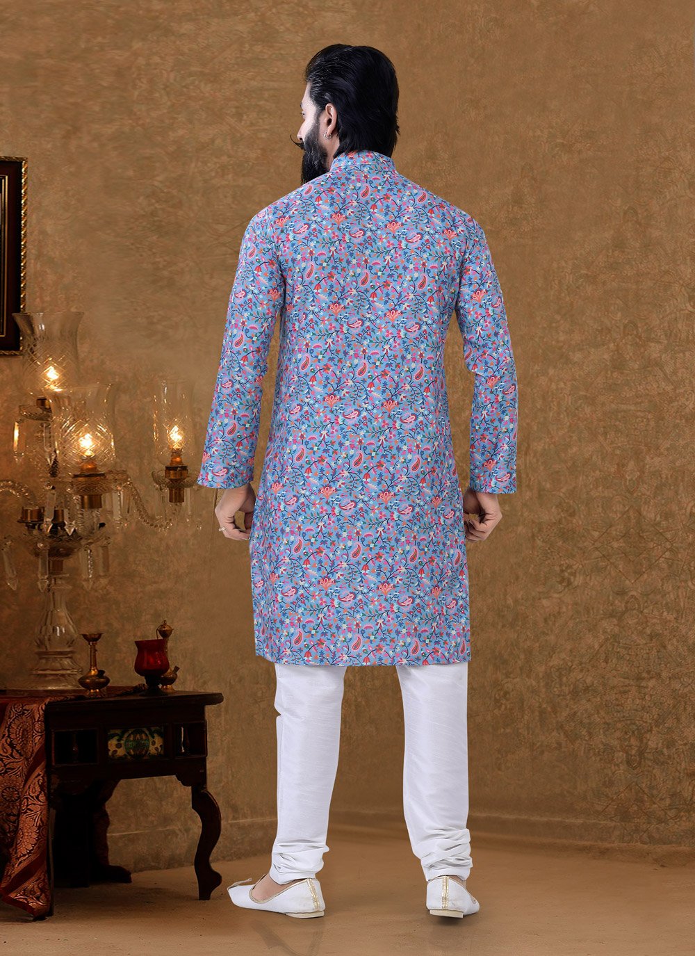 Kurta Pyjama Cotton Blue Digital Print Mens