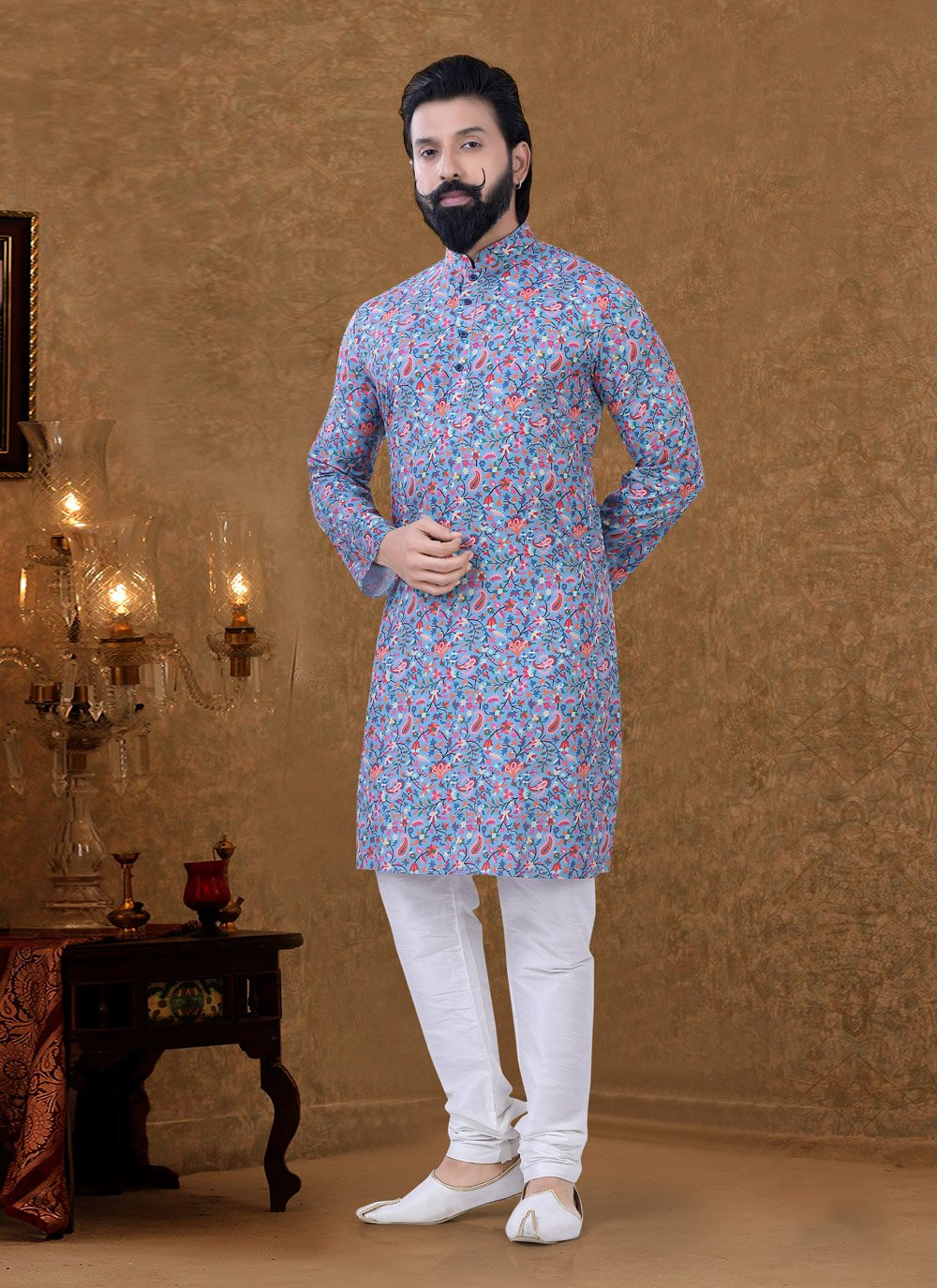 Kurta Pyjama Cotton Blue Digital Print Mens