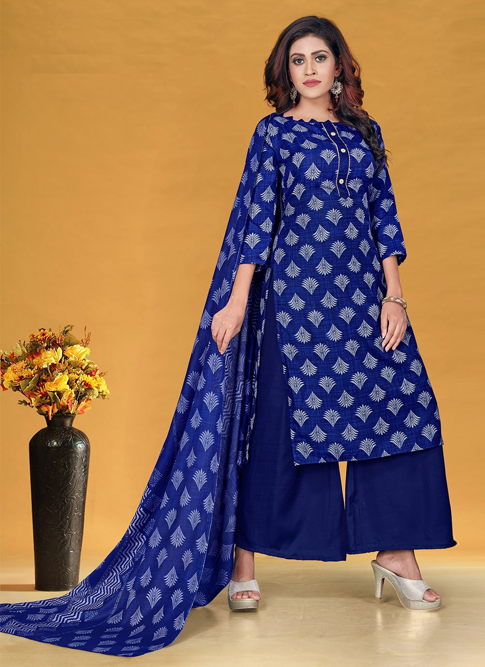 Palazzo Salwar Suit Cotton Blue Print Salwar Kameez