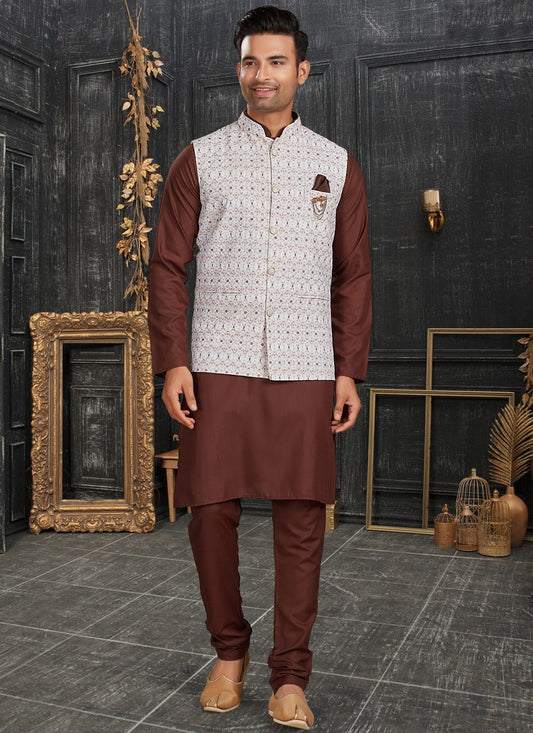 Kurta Payjama With Jacket Cotton Brown Off White Chicken Mens