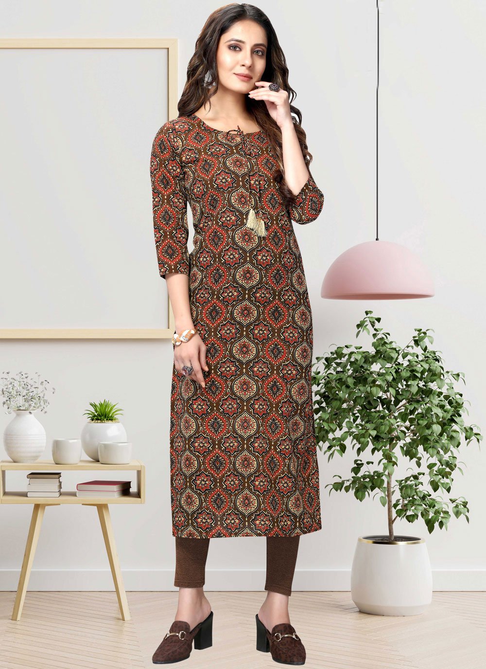 Party Wear Kurti Cotton Brown Print Kurtis