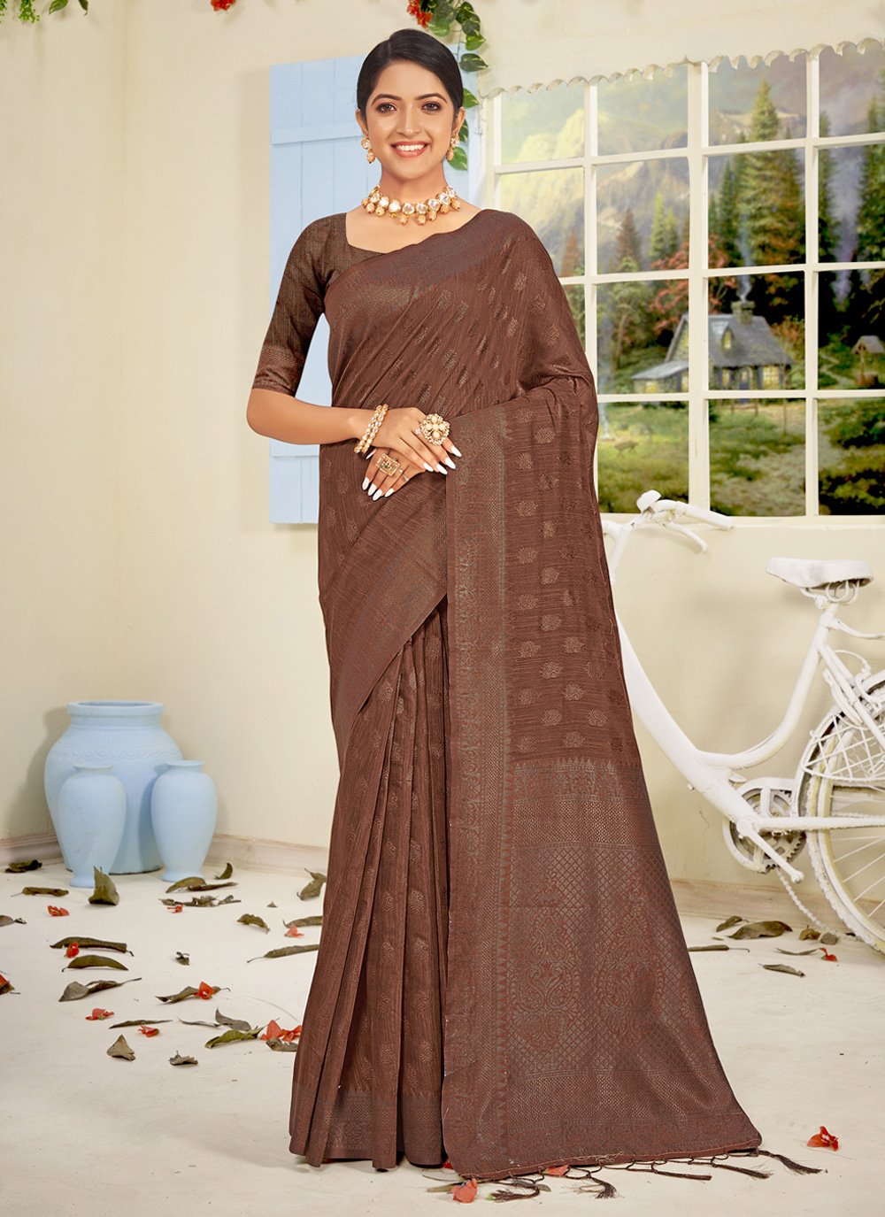 Traditional Saree Cotton Brown Embroidered Saree