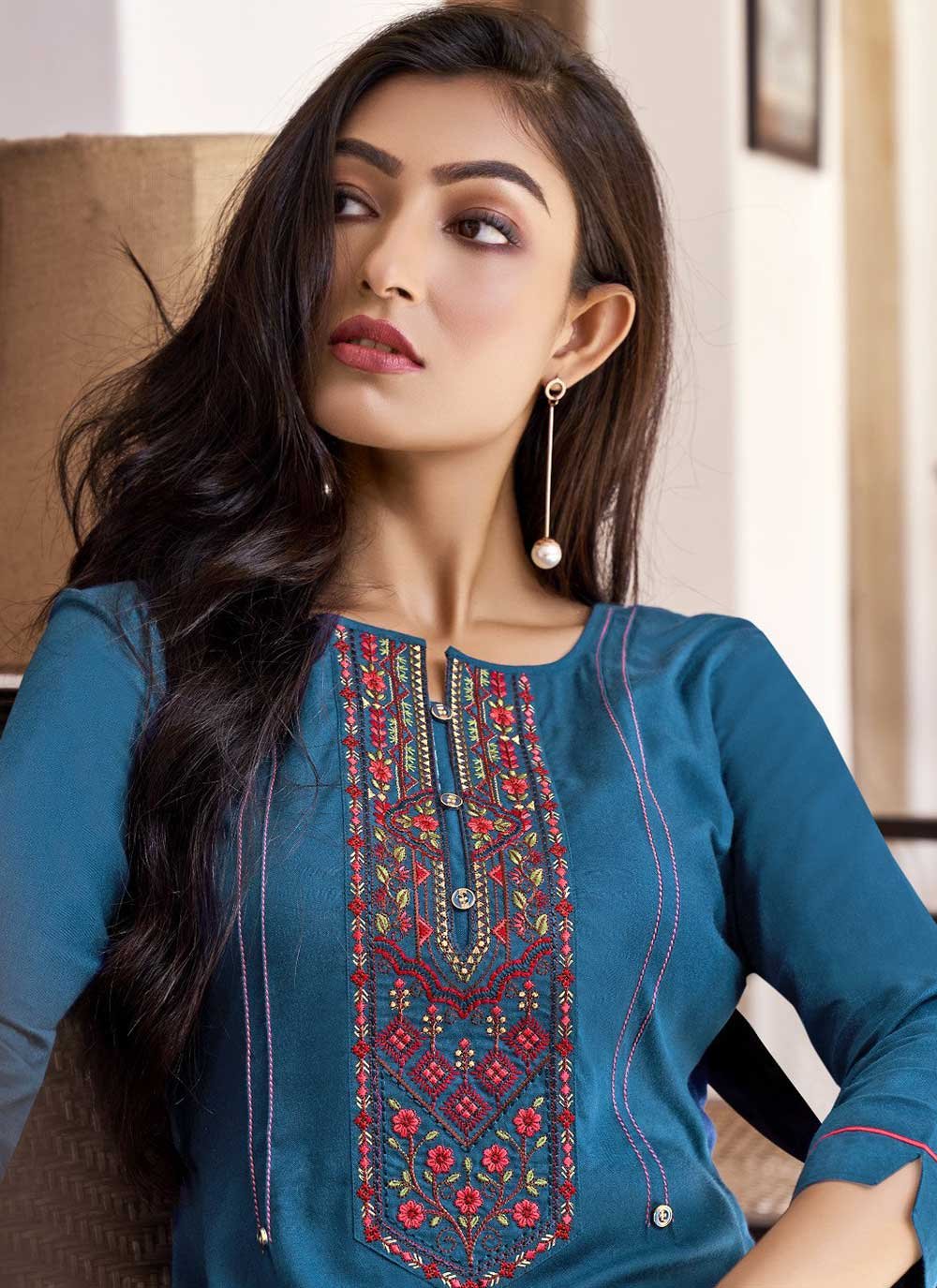 Casual Kurti Cotton Blue Embroidered Kurtis