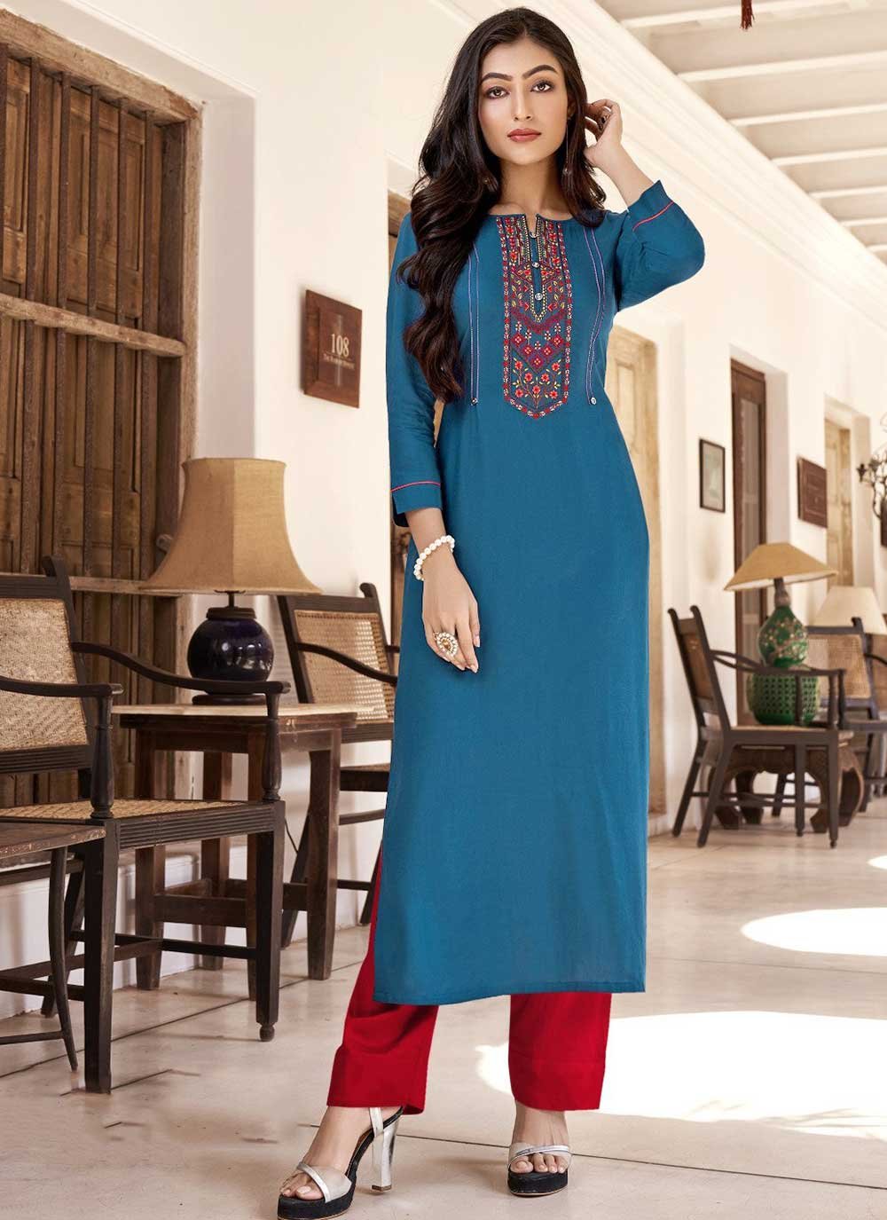 Casual Kurti Cotton Blue Embroidered Kurtis