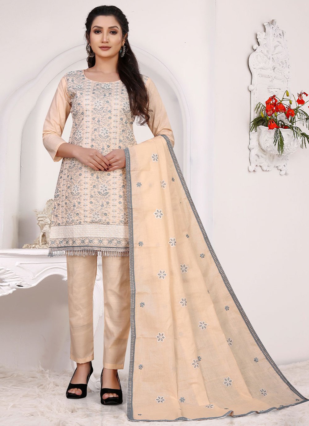 Salwar Suit Cotton Peach Embroidered Salwar Kameez