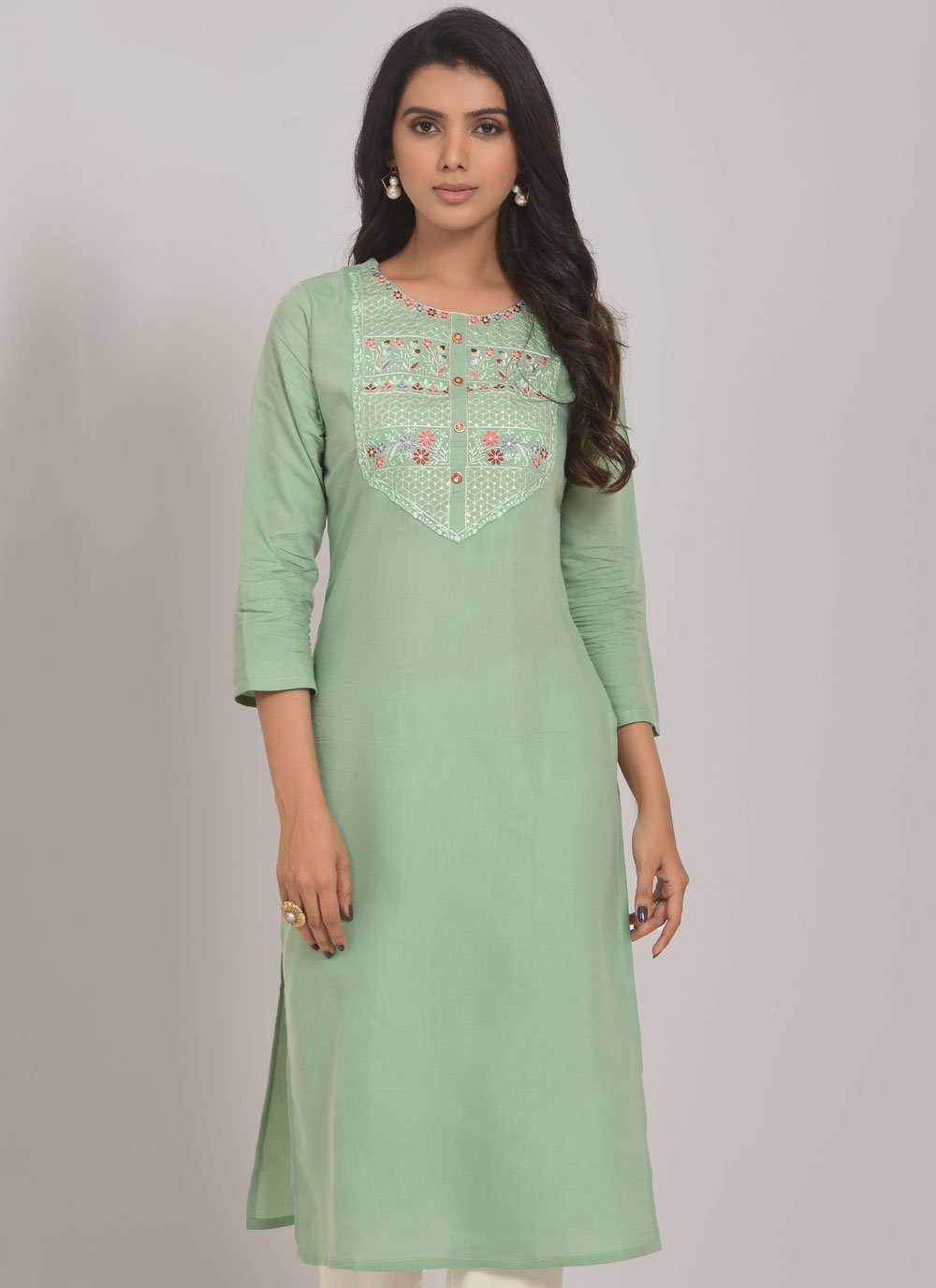 Casual Kurti Cotton Muslin Green Embroidered Kurtis