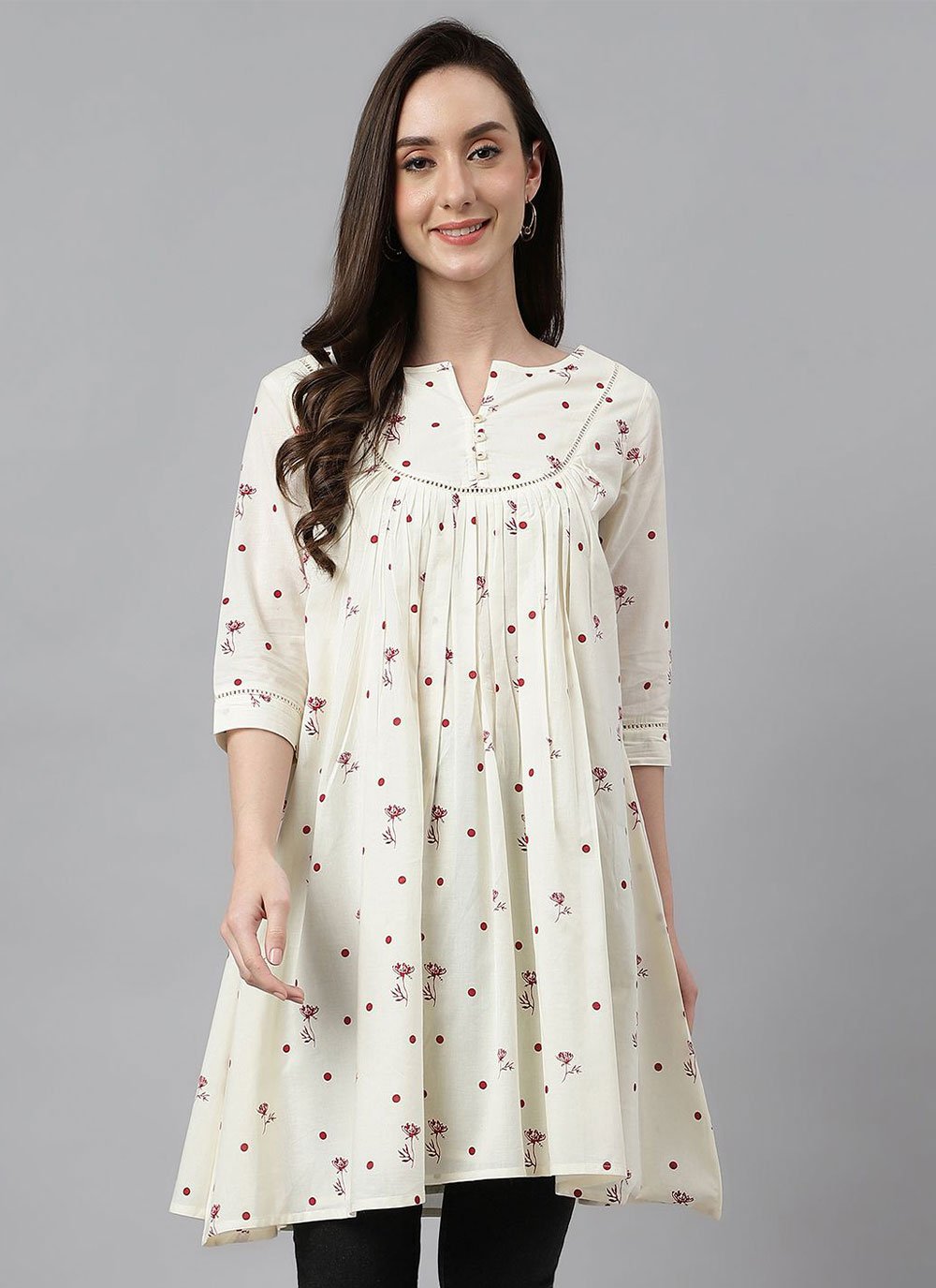 Casual Kurti Cotton Off White Floral Patch Kurtis