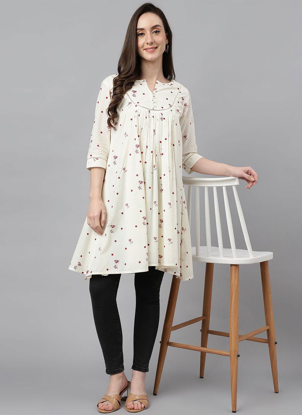 Casual Kurti Cotton Off White Floral Patch Kurtis