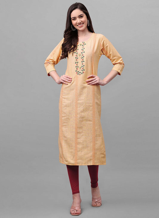 Casual Kurti Cotton Orange Weaving Kurtis