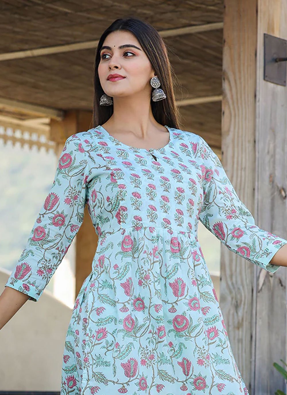 Casual Kurti Cotton Aqua Blue Print Kurtis