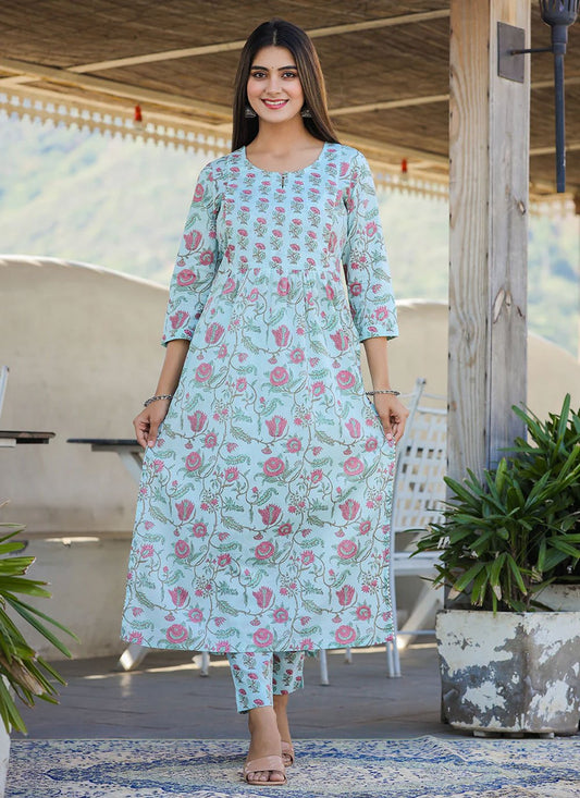 Casual Kurti Cotton Aqua Blue Print Kurtis