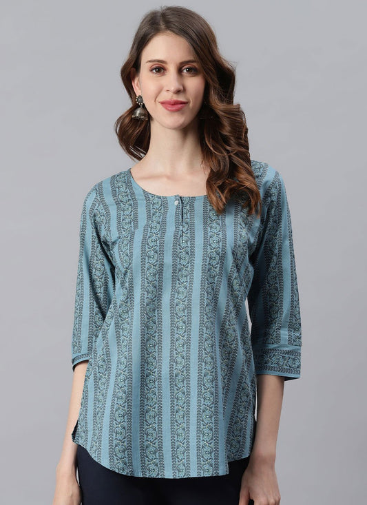 Casual Kurti Cotton Blue Floral Patch Kurtis