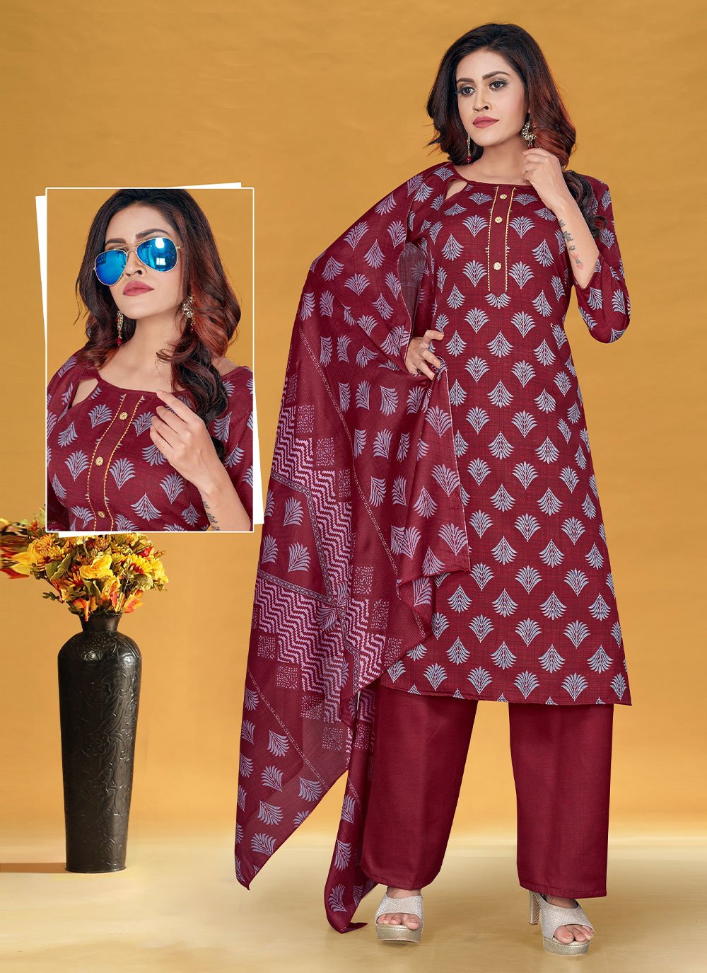 Salwar Suit Cotton Wine Print Salwar Kameez