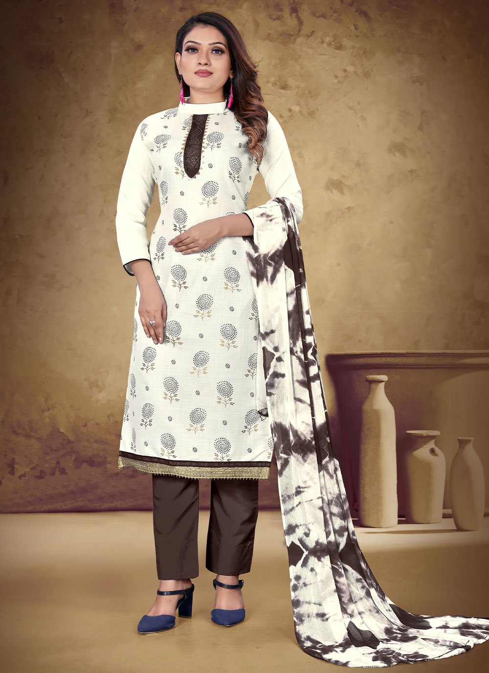 Trendy Suit Cotton White Foil Print Salwar Kameez