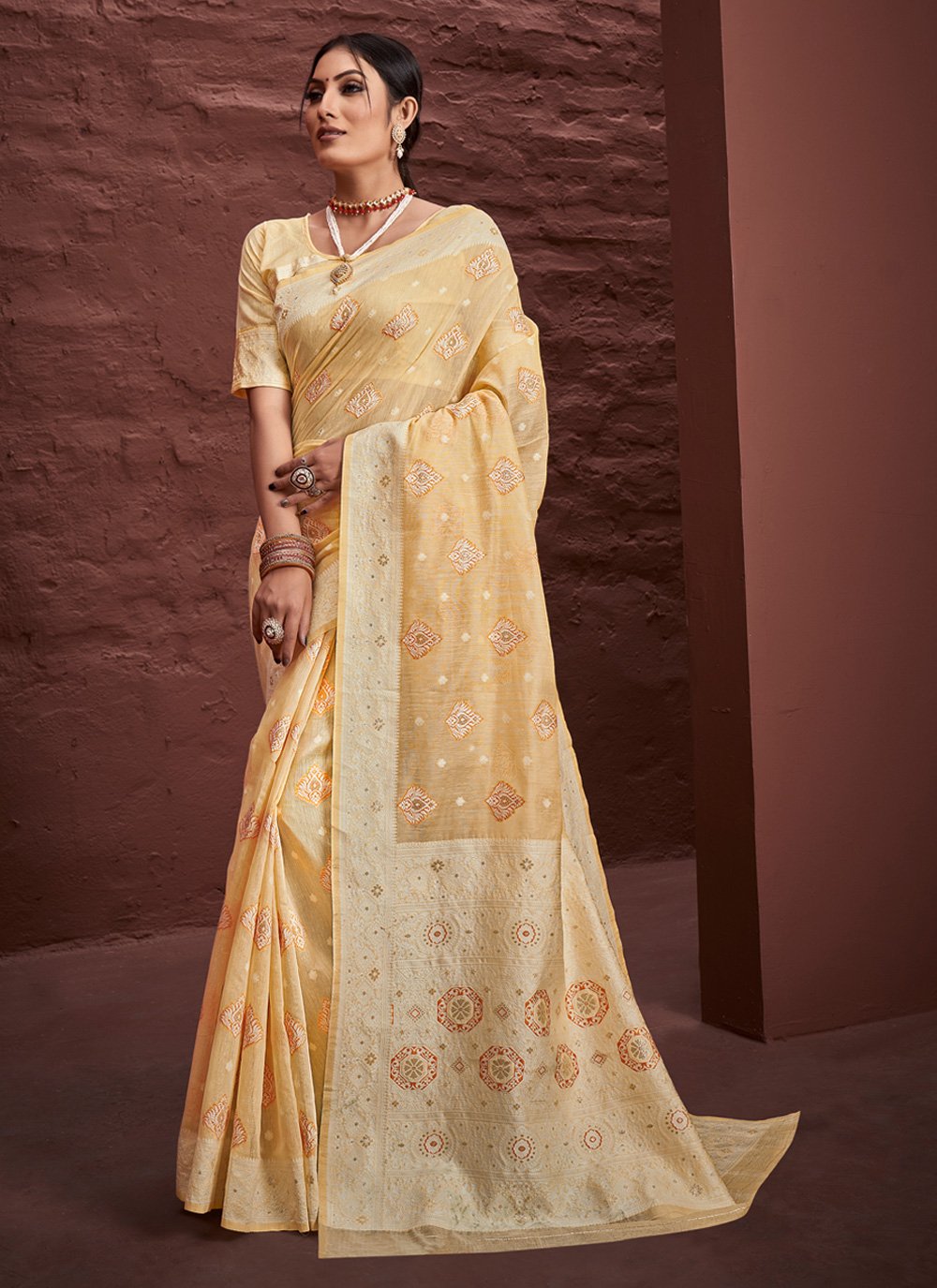 Designer Cotton Yellow Embroidered Saree