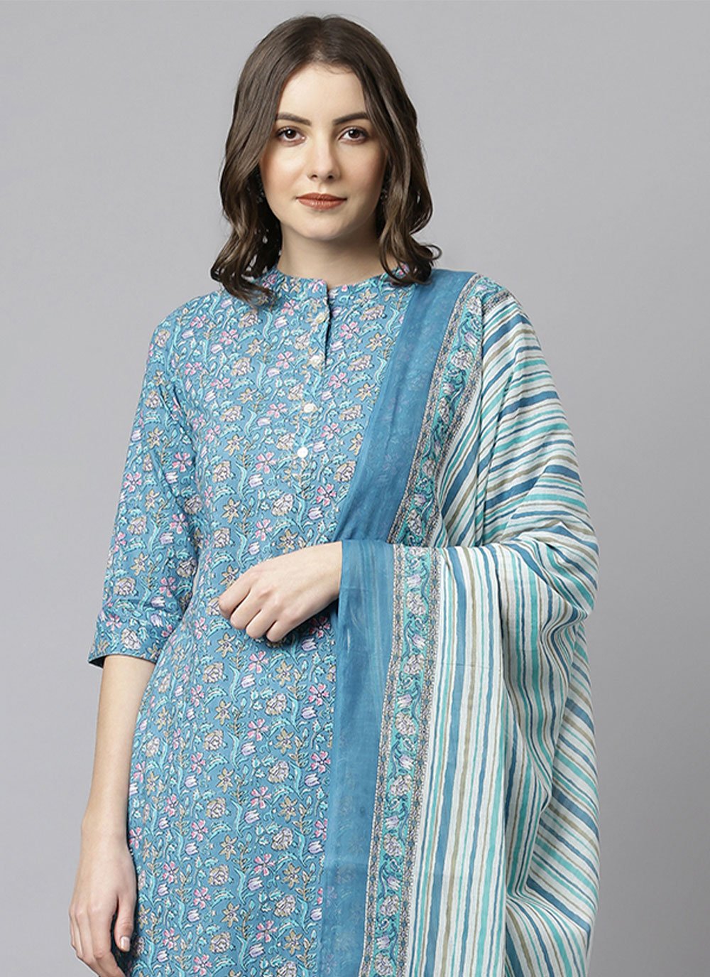 Salwar Suit Cotton Aqua Blue Floral Patch Salwar Kameez