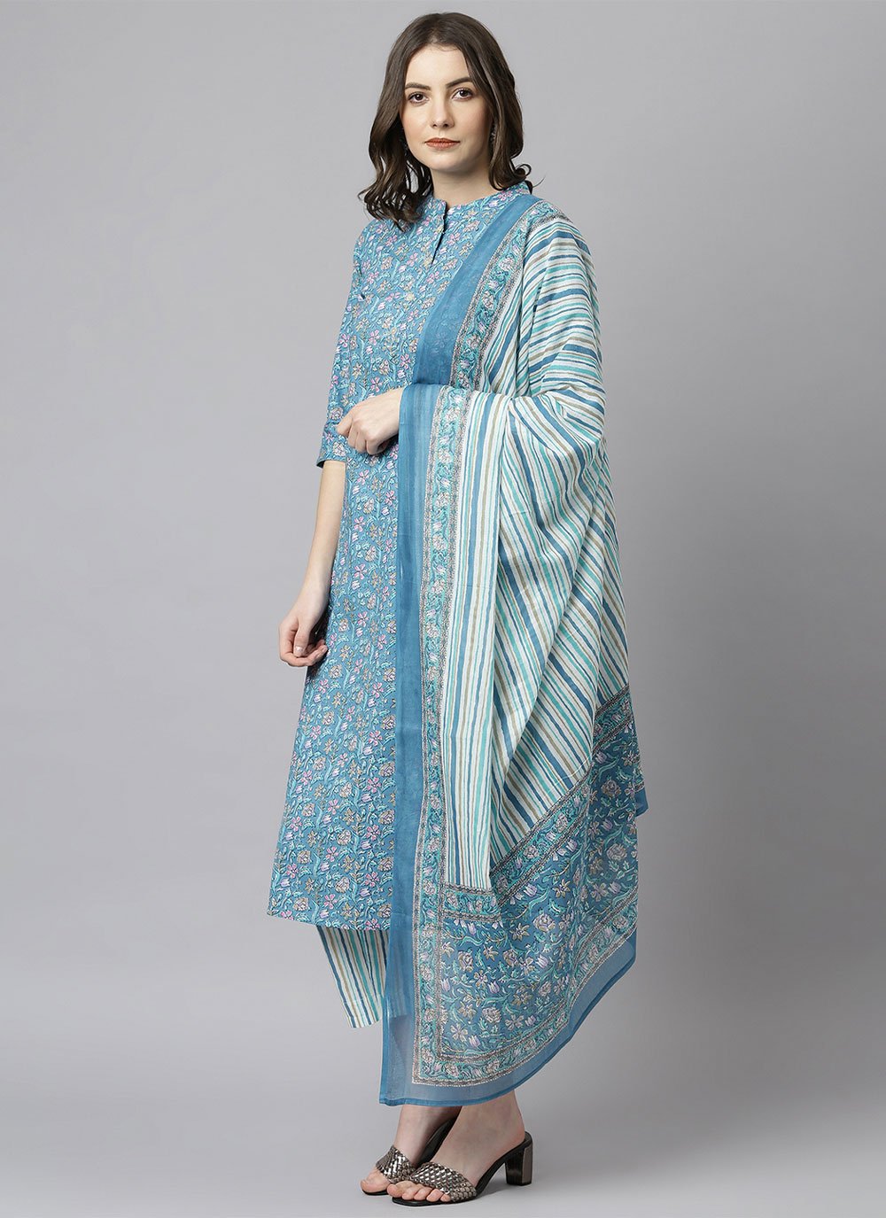 Salwar Suit Cotton Aqua Blue Floral Patch Salwar Kameez