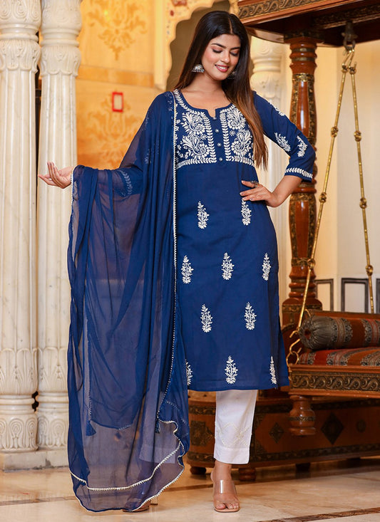 Salwar Suit Cotton Blue Lucknowi Work Salwar Kameez