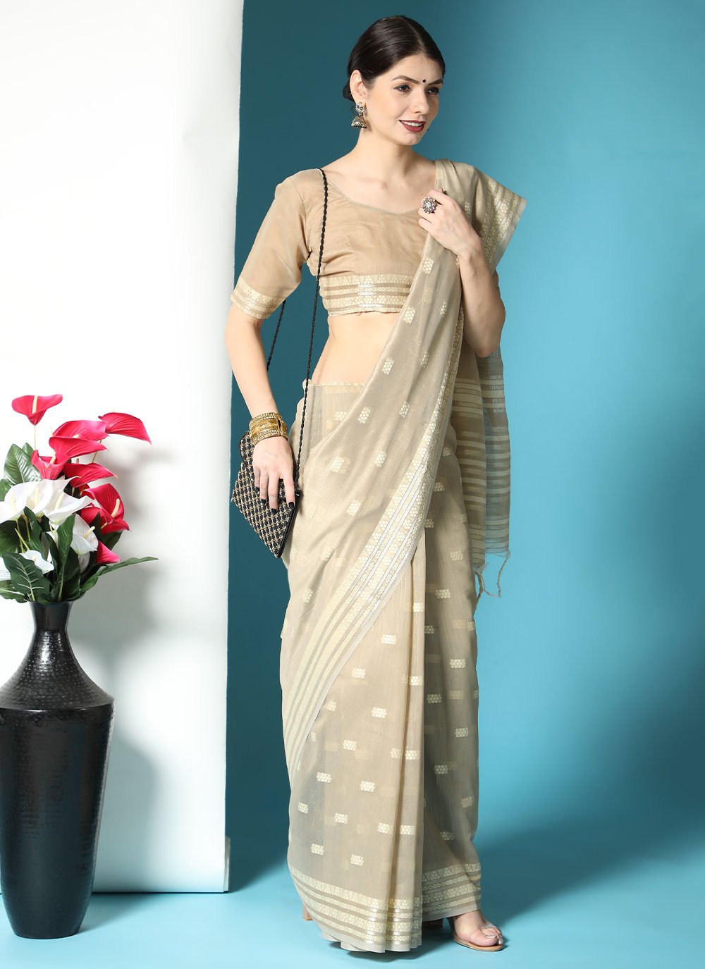 Trendy Saree Cotton Lucknowi Beige Chikankari Work Saree