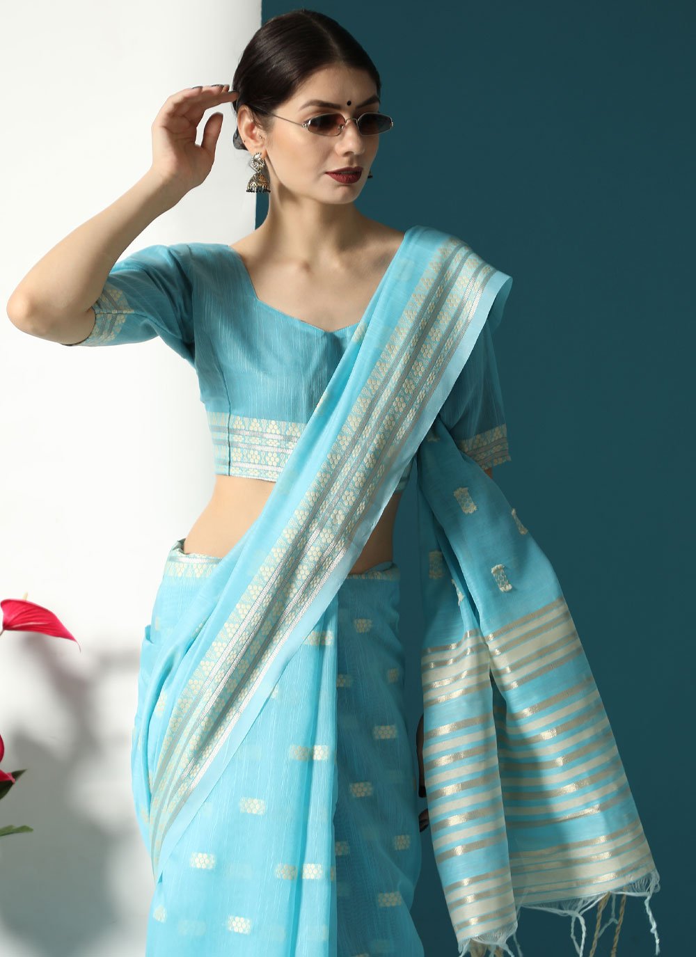 Classic Cotton Lucknowi Blue Chikankari Work Saree