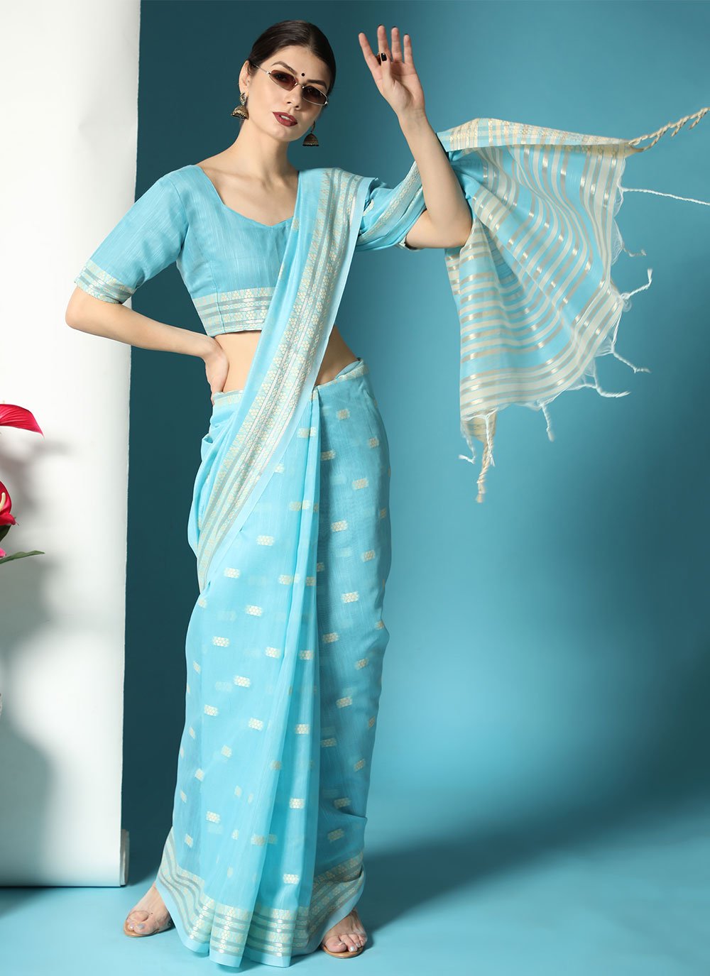 Classic Cotton Lucknowi Blue Chikankari Work Saree