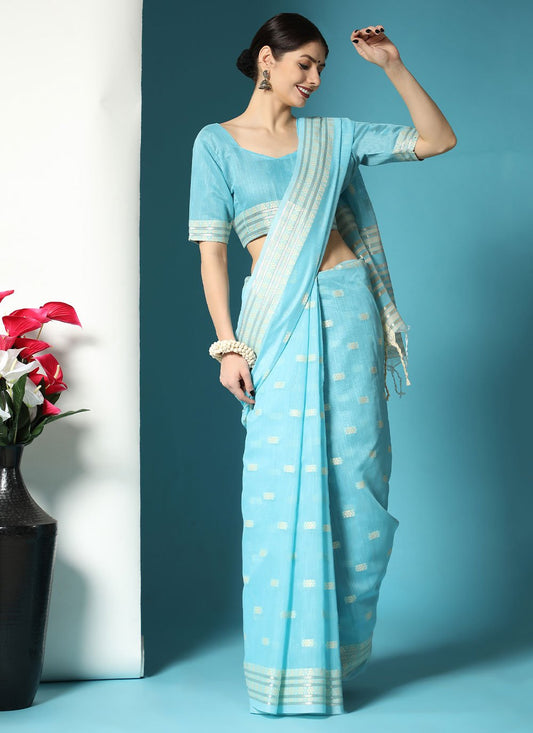 Classic Cotton Lucknowi Blue Chikankari Work Saree