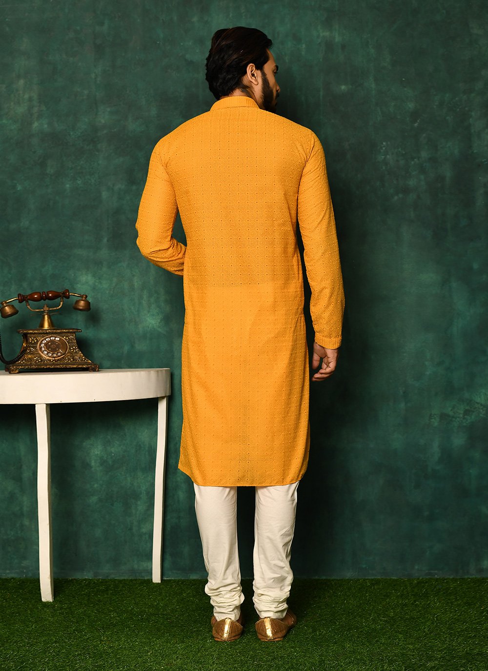 Kurta Pyjama Cotton Mustard Chikankari Work Mens