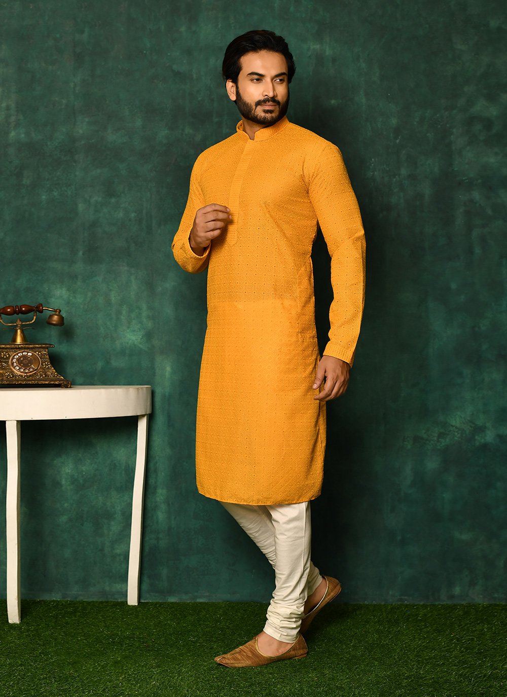 Kurta Pyjama Cotton Mustard Chikankari Work Mens