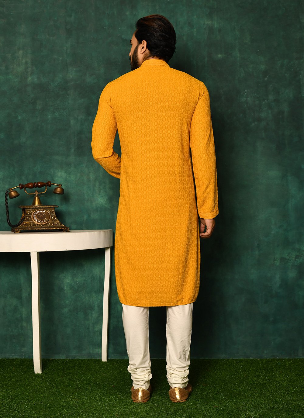 Kurta Pyjama Cotton Mustard Chikankari Work Mens