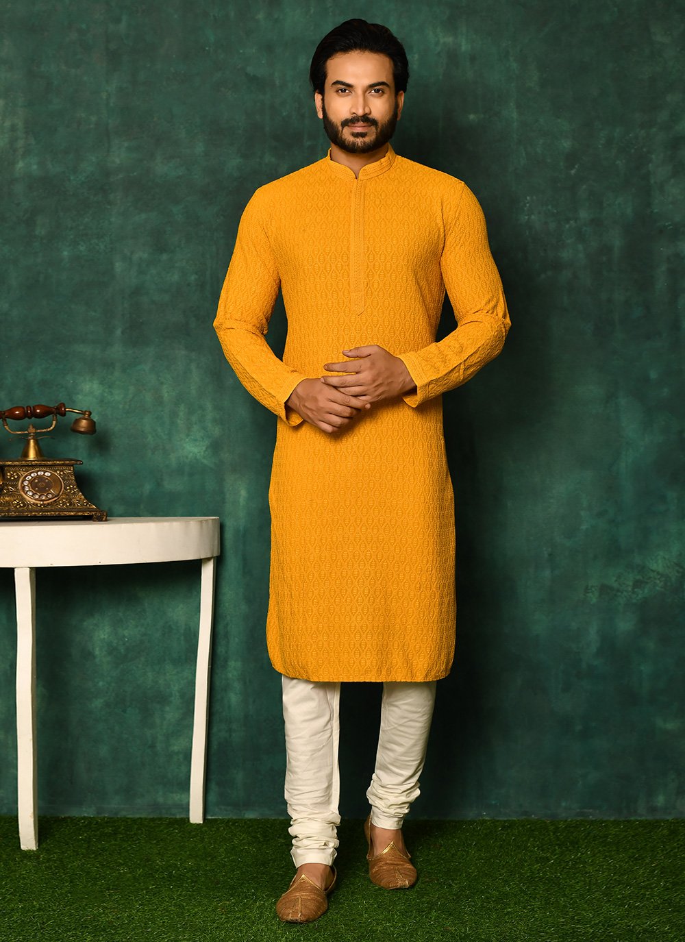 Kurta Pyjama Cotton Mustard Chikankari Work Mens