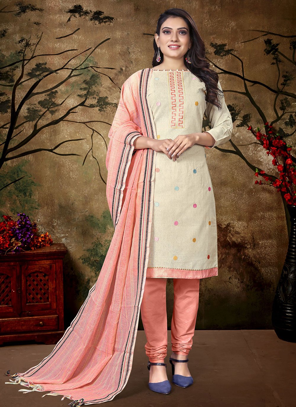 Churidar Suit Cotton Khadi Off White Embroidered Salwar Kameez