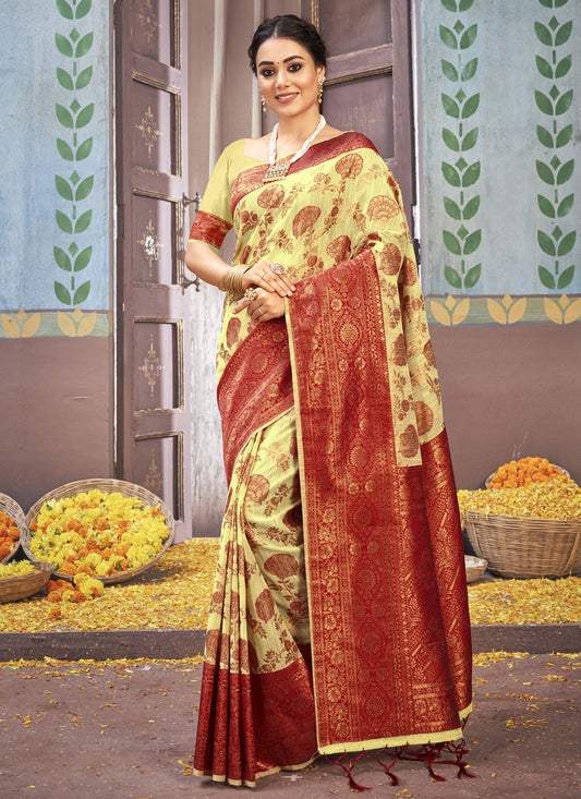 Classic Cotton Yellow Foil Print Saree