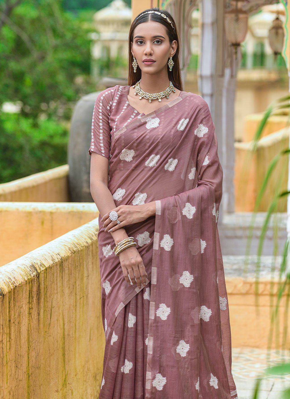 Classic Cotton Lucknowi Wine Weaving Saree