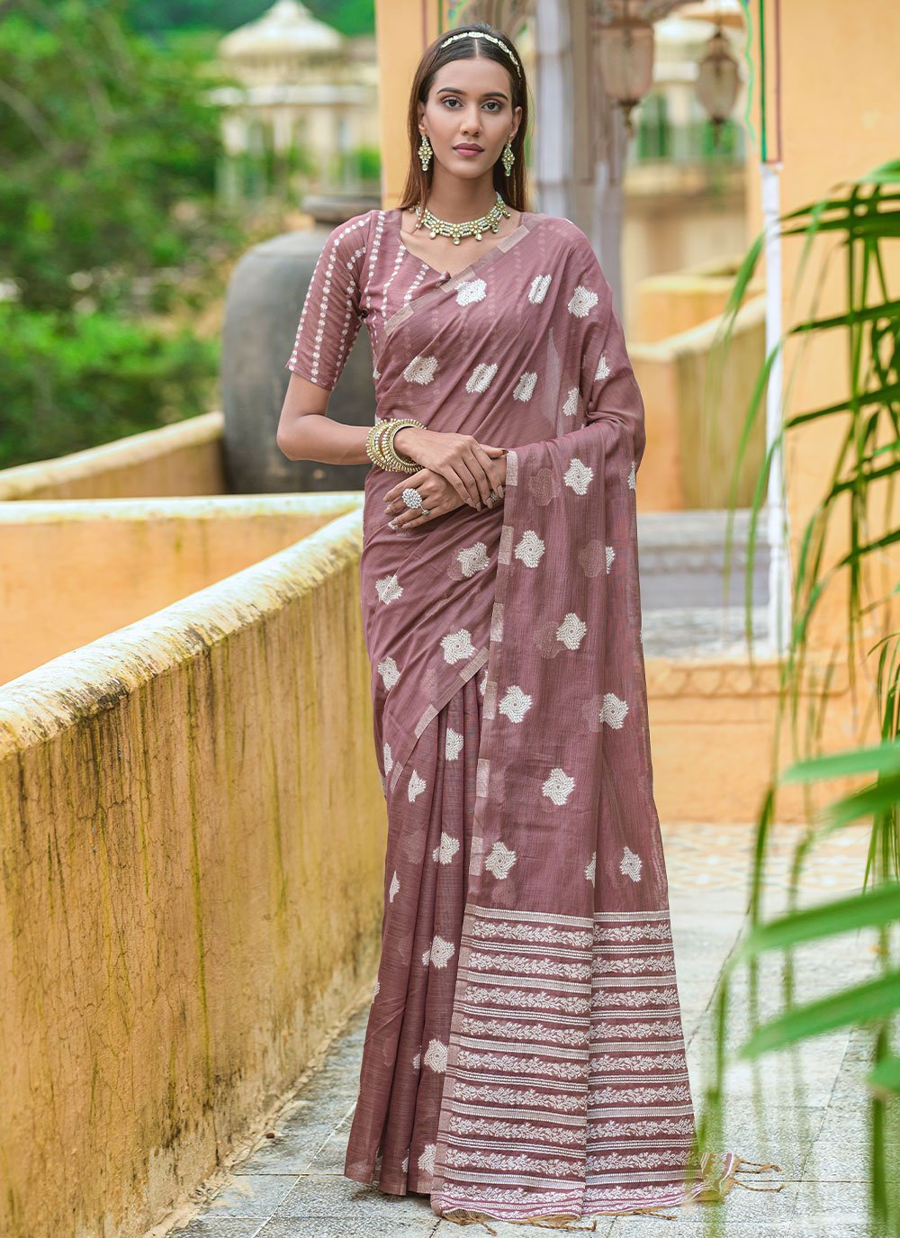 Classic Cotton Lucknowi Wine Weaving Saree