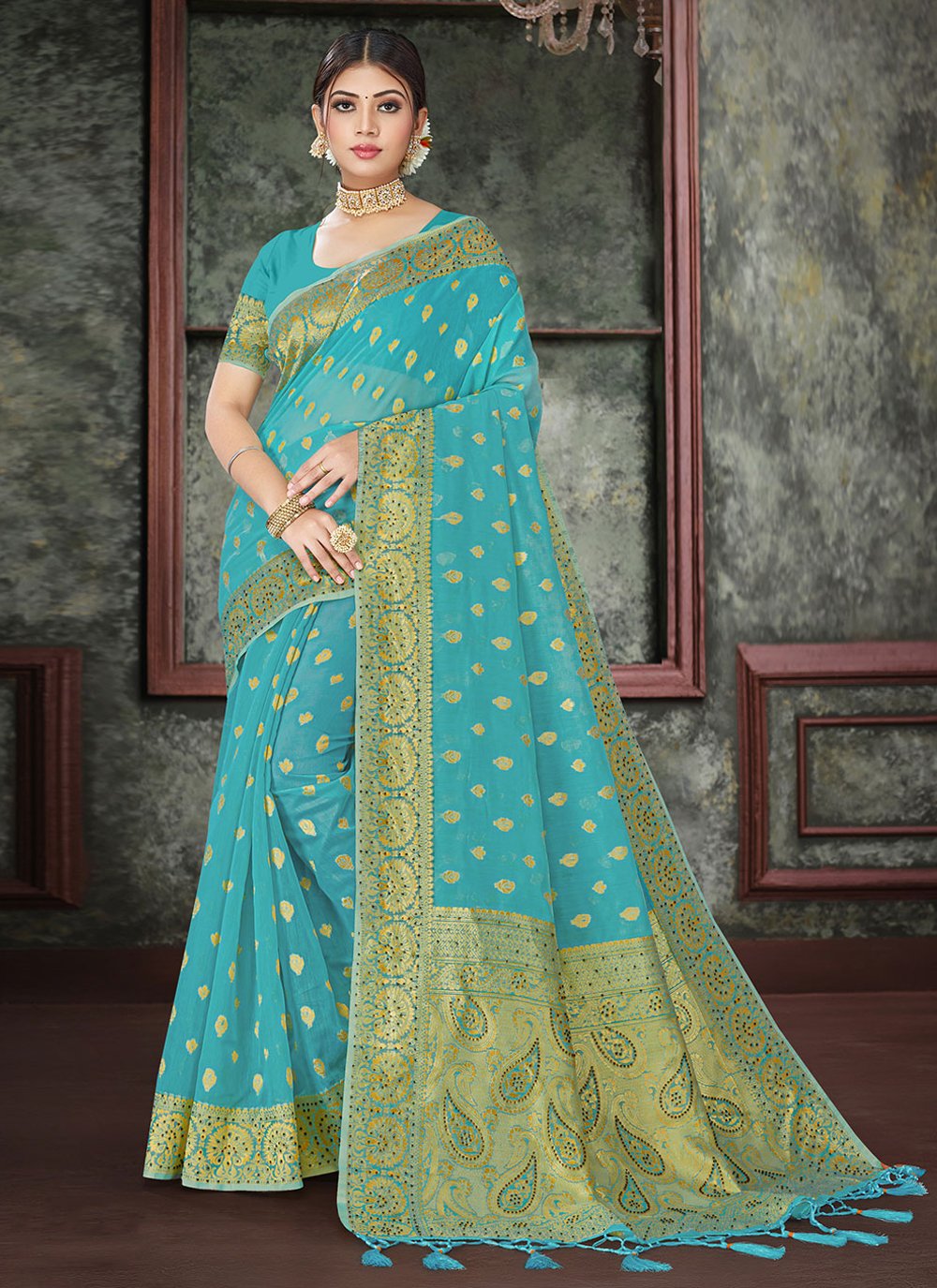 Contemporary Cotton Blue Swarovski Saree