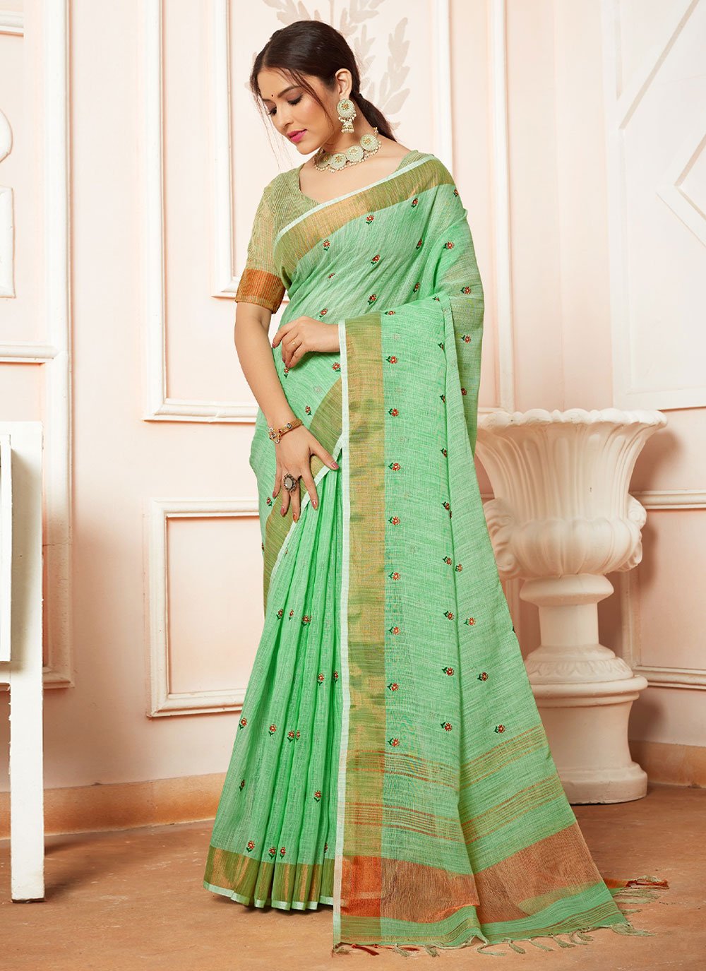 Contemporary Cotton Linen Green Embroidered Saree