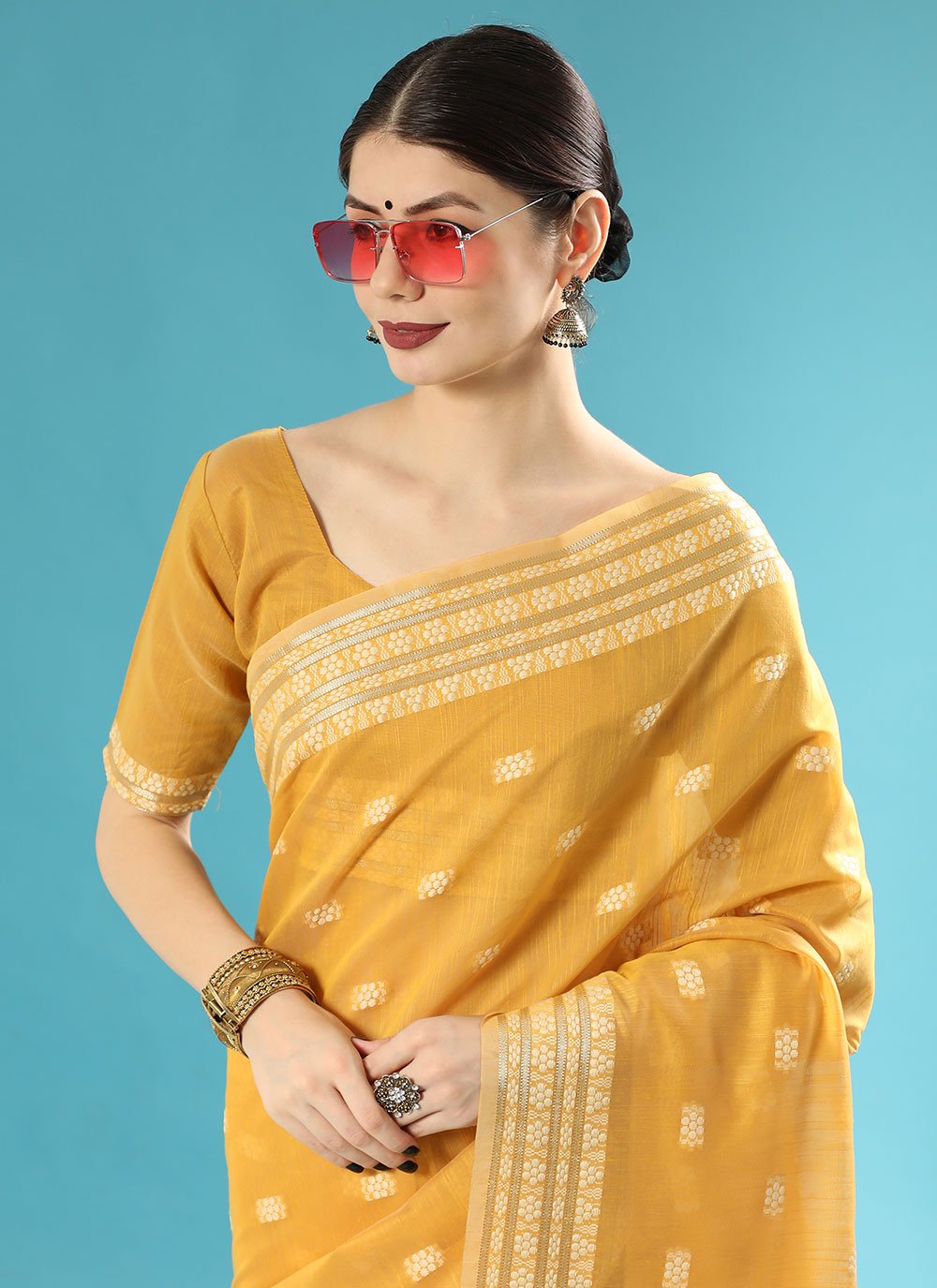 Contemporary Cotton Lucknowi Mustard Chikankari Work Saree