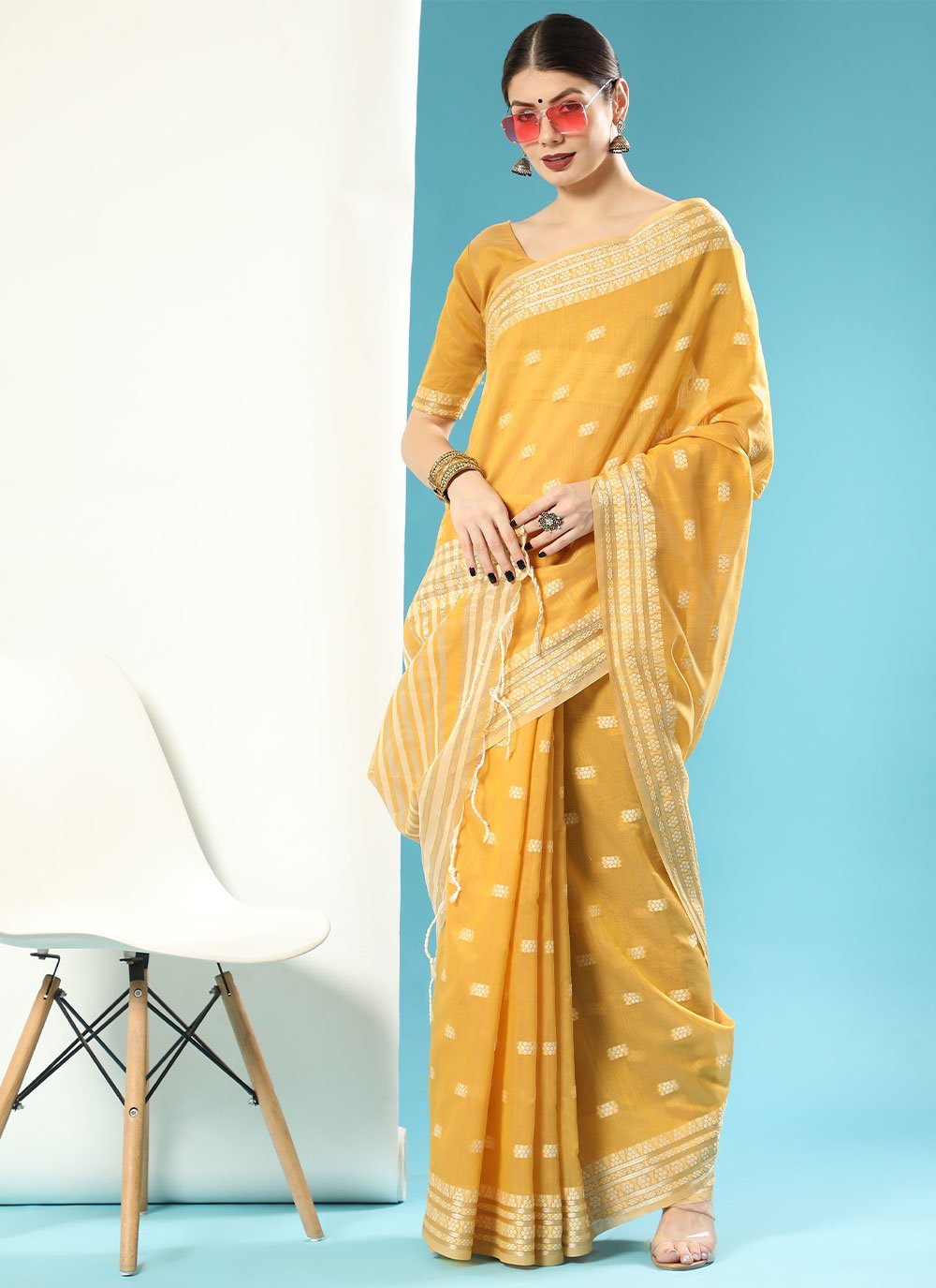 Contemporary Cotton Lucknowi Mustard Chikankari Work Saree